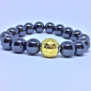 Hematite bracelet with stainless steel soccer ball